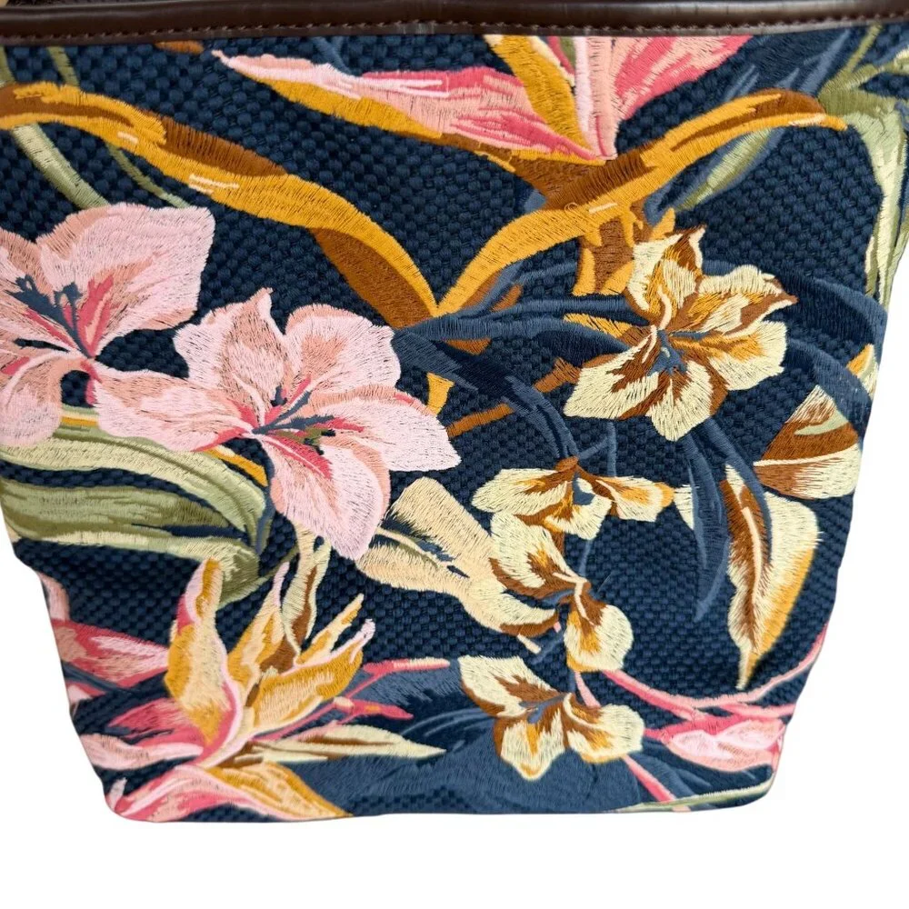 Tommy Bahama Floral Crossbody Bag Embroidered Blue Pink Brown Leather Strap - Picture 10 of 11